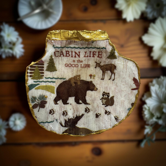 It’s cabin time in nature. Bears and camping on large scallop shell.