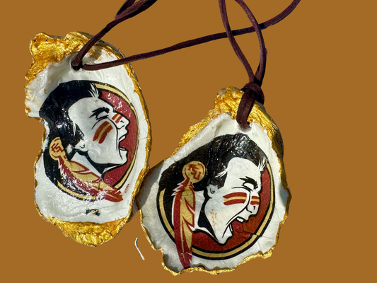 FSU FOOTBALL! Go Noles! Large oyster shell ornament ready for display on car mirror, wine or Christmas tree